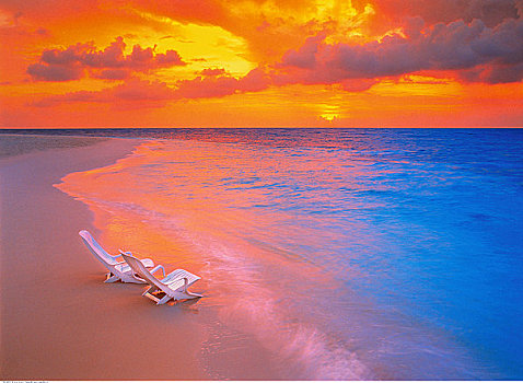 两个,椅子,海滩,日出,马尔代夫,印度洋