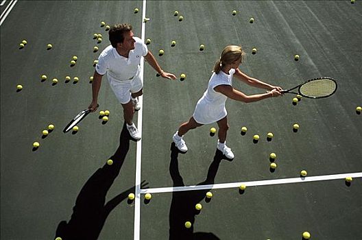 玩,网球,女人,伴侣,训练,训练者,教练