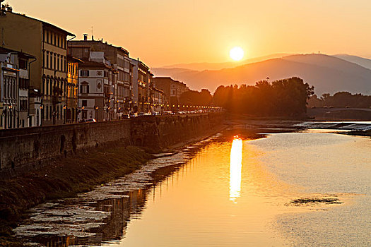 日出,阿尔诺河,堤,佛罗伦萨,托斯卡纳,意大利