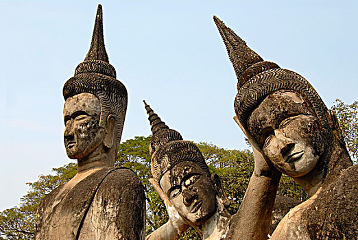 佛教,三个,佛,冥想,公园,万象,老挝,东南亚,亚洲