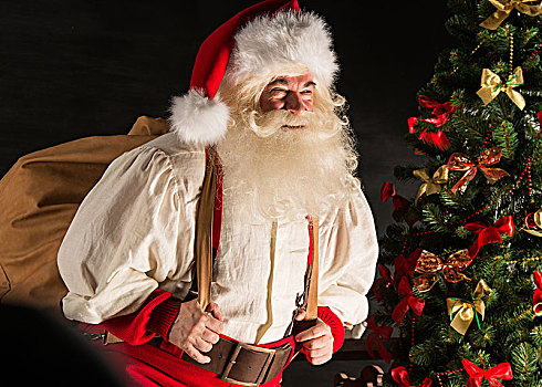 圣诞老人,大,包,满,礼物,在家,靠近,圣诞树