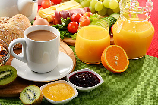 早餐,咖啡,橙汁,蛋,水果