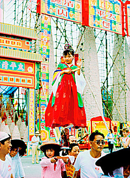 中国,香港,长洲,岛屿,女孩,穿,传统服装,站立,小,立足点,拿,向上,队列,2000年