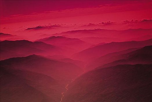 尼泊尔,加德满都山谷,河,飘动,山峦,日落,红色,雾状,发光