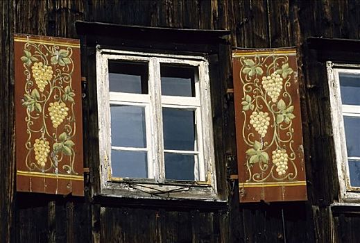 老,木质,窗户,历史,百叶窗,涂绘,葡萄,萨克森,德国,欧洲