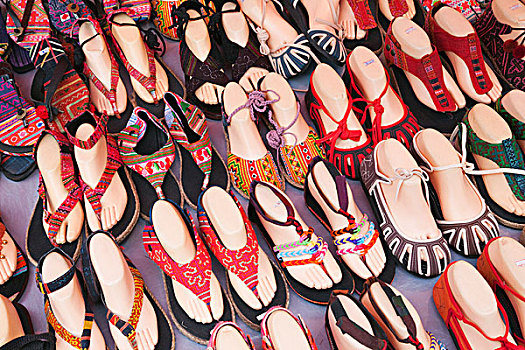 老挝,琅勃拉邦,种族,工艺,夜市,鞋,展示