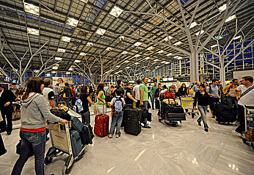 乘客,等待,线条,登记,斯图加特,机场,巴登符腾堡,德国,欧洲