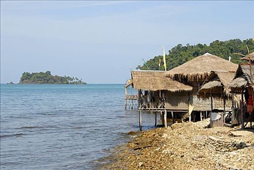 简单,小屋,竹子,藤条,右边,岸边,寂静沙滩,帽子,泰国