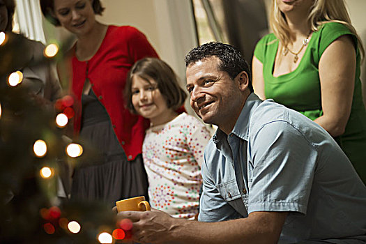 圣诞节,聚会,成年,孩子,房间,圣诞树,庆贺,一起