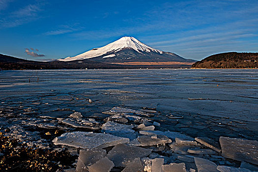 山,富士山,湖,冬天