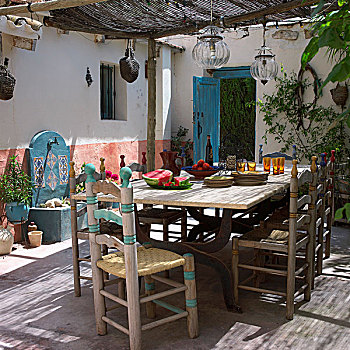 桌面布置,简单,木椅,遮盖,平台,西班牙,地中海,风格