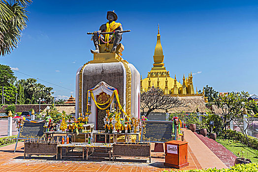 雕塑,国王,塔銮寺,背景,万象,老挝,印度支那,东南亚