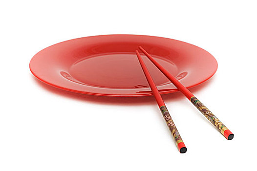 红色,盘子,筷子,隔绝,白色
