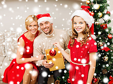 家庭,圣诞节,圣诞,冬天,高兴,人,概念,微笑,圣诞老人,帽子,装饰,圣诞树