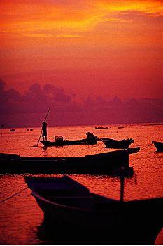 剪影,船,水中,日落,巴厘岛,印度尼西亚