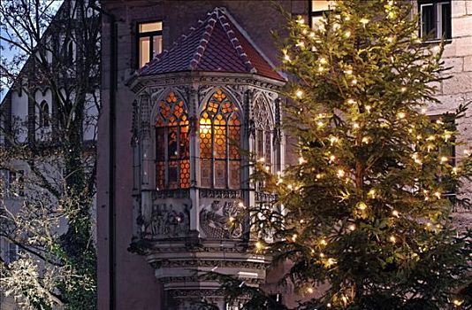 凸窗,黄昏,圣诞树,纽伦堡,中间,弗兰克尼亚,巴伐利亚,德国,欧洲