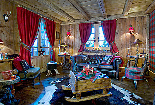 老,雪橇,茶几,舒适,木房子,客厅