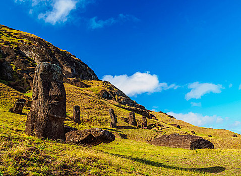 复活节岛石像,采石场,斜坡,拉诺拉拉库采石场,火山,拉帕努伊国家公园,复活节岛,智利,南美