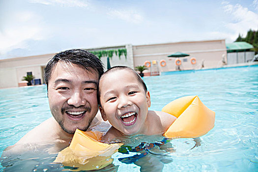 头像,微笑,父子,游泳池,度假