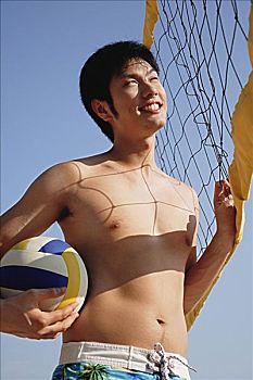 男青年,海滩,拿着,排球,球网