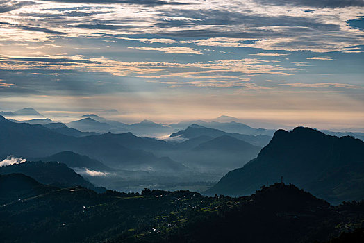 山脉,山谷,遮盖,雾,日出,地区,尼泊尔,亚洲