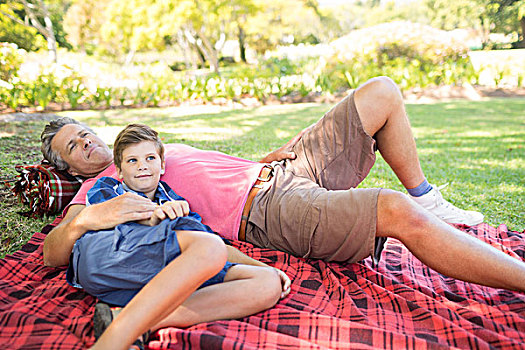 父子,躺着,野餐毯,公园,晴天