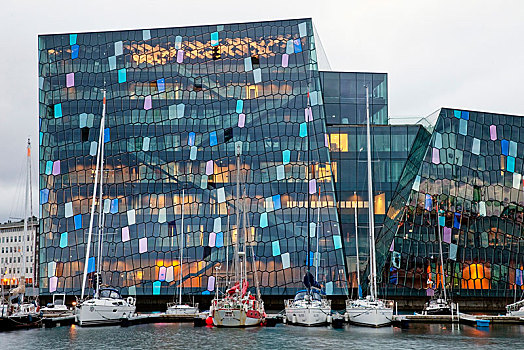 音乐厅,码头,玻璃幕墙,彩色,效果,雷克雅未克,冰岛,欧洲