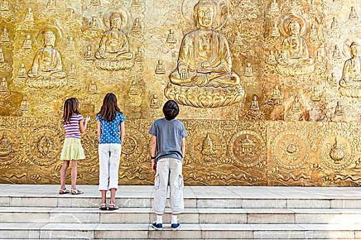 孩子,旅游,仰视,佛教,浅浮雕