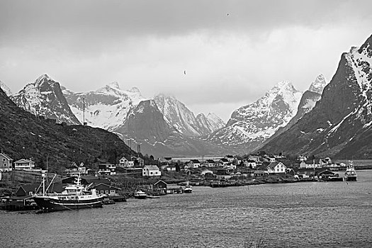 渔村,黑白,瑞恩,罗弗敦群岛,挪威