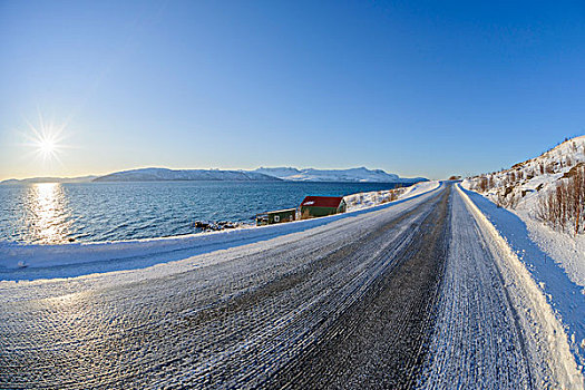 冰,沿岸,道路,太阳,冬天,特罗姆斯,挪威