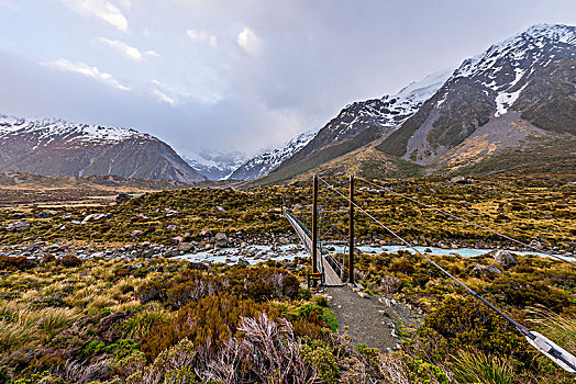 桥,河,山,库克山国家公园,坎特伯雷地区,新西兰,大洋洲