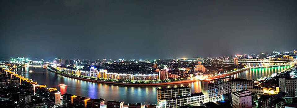 中国大陆广东梅州城市建筑夜景全景