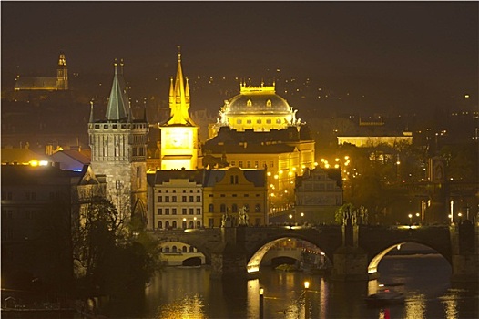 查理大桥,布拉格,夜晚,捷克共和国