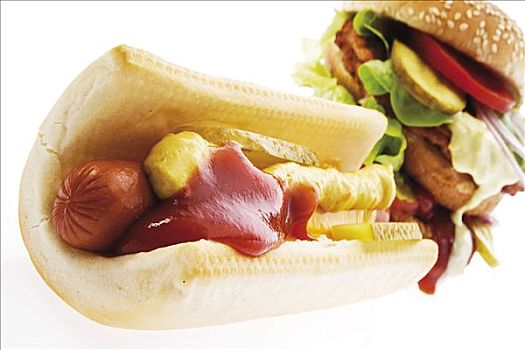 热狗,泡菜,芥末,番茄酱,一对,汉堡包,背影