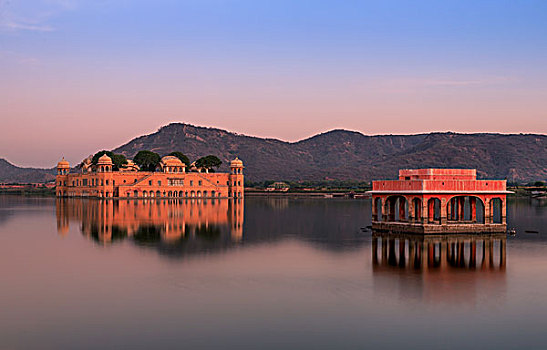 水,宫殿,日落,斋浦尔,拉贾斯坦邦,印度,亚洲