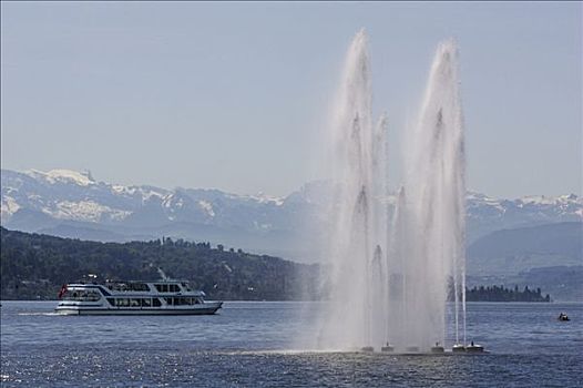 喷水池,苏黎世,湖,游船,高山,全景,靠近,瑞士