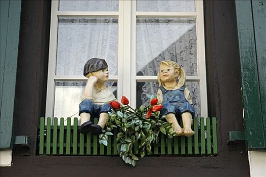 男孩,女孩,正面,窗,北莱茵威斯特伐利亚,德国