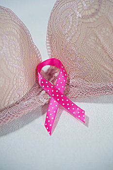 特写,斑点,粉色,乳腺癌,意识,带,胸罩,白色背景