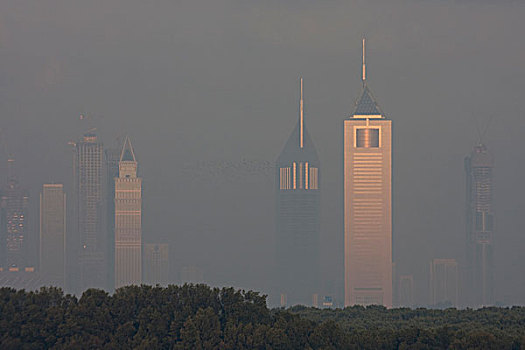 阿联酋,迪拜,阿联酋塔楼,建筑,早晨,烟雾