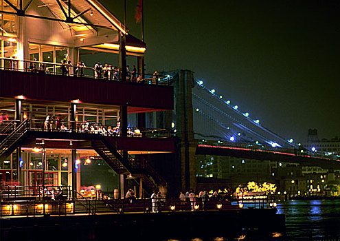 纽约,曼哈顿,南街海港,布鲁克林大桥,光亮,夜晚