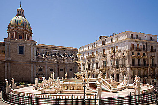 广场,比勒陀利亚,喷泉,巴勒莫,西西里,意大利,欧洲