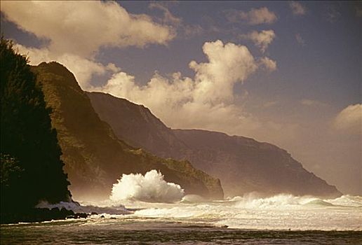 夏威夷,考艾岛,纳帕利海岸,风暴,海浪,重击,海岸线,郁闷,天空