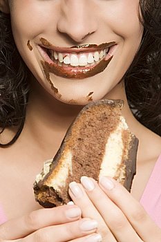 女人,巧克力,脸,吃,蛋糕