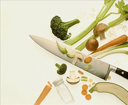新鲜,蔬菜,切削,刀,盐瓶