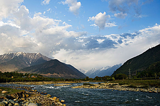 河流,流动,靠近,山峦,查谟-克什米尔邦,印度