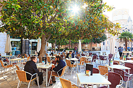顾客,街头咖啡馆,广场,瓦伦西亚,太阳,树