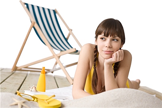 海滩,折叠躺椅,女人,比基尼,日光浴
