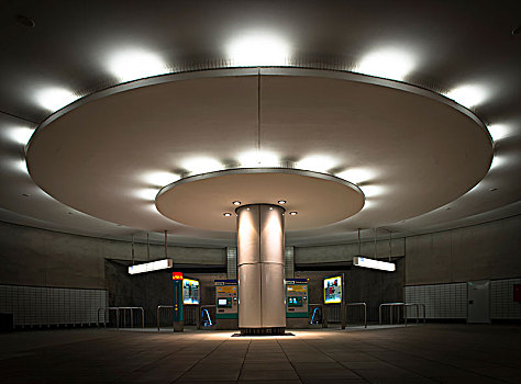 光亮,柱子,门廊,车票,机器,地铁站,法兰克福,黑森州,德国,欧洲