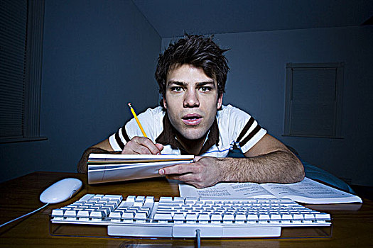 男人,键盘,铅笔,纸,记录