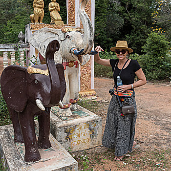 头像,高兴,女人,站立,靠近,大象,雕塑,庙宇,收获,柬埔寨
